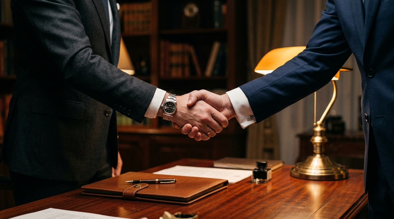 Two principals shaking hands across a mahogany desk