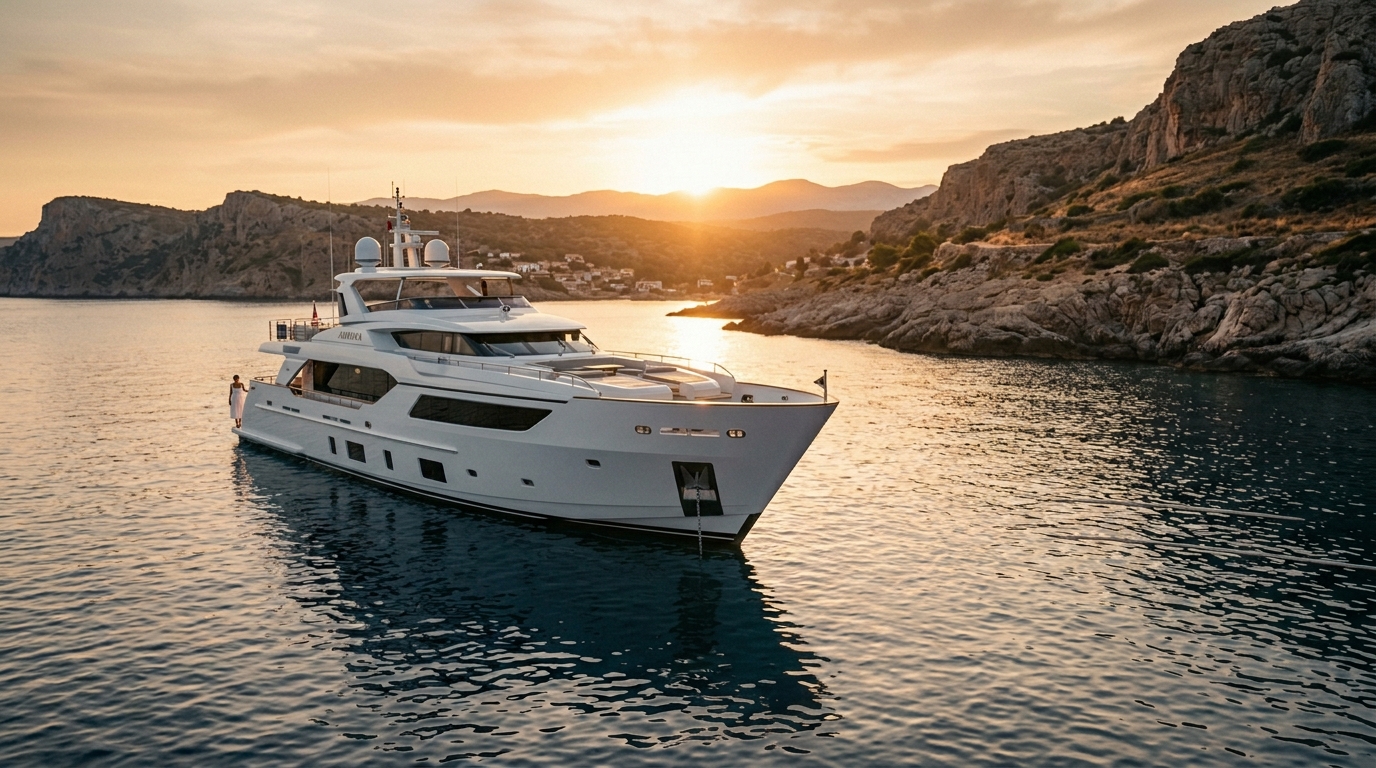 Yacht at golden hour anchored in Mediterranean waters